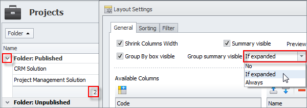 Group summary is visible, only if groups are expanded